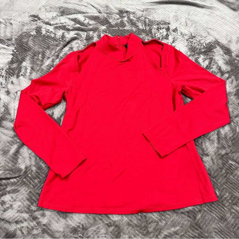 INC International Concepts Vibrant Red Long Sleeve Mock Neck Top with cut outs